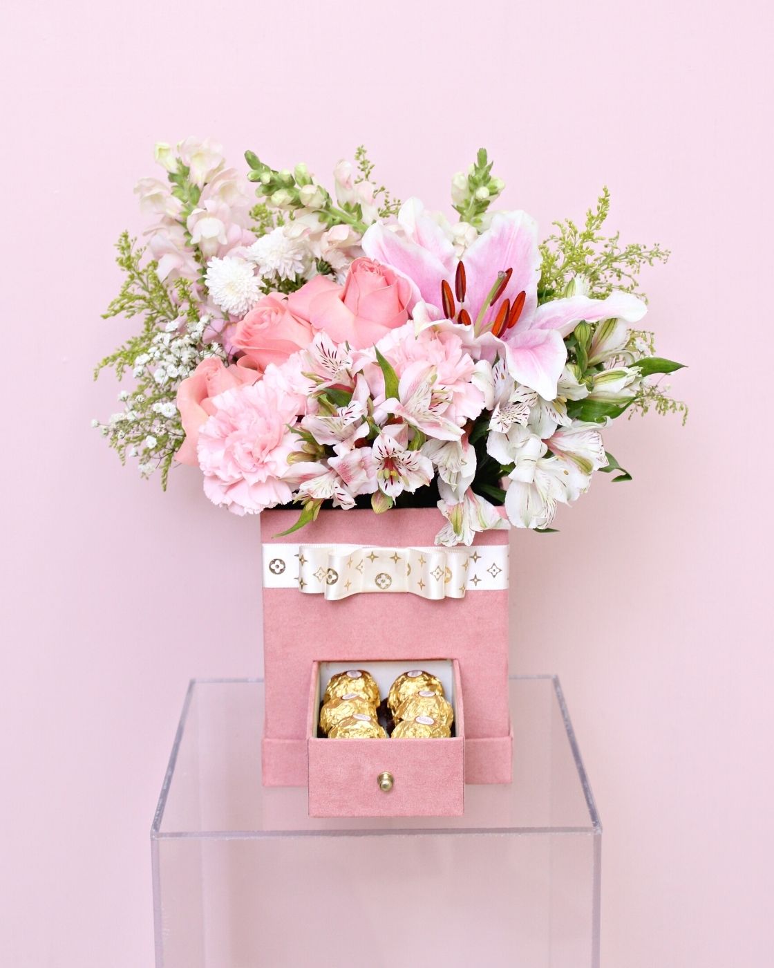 Pink Suede Flower Box with Ferrero Rocher